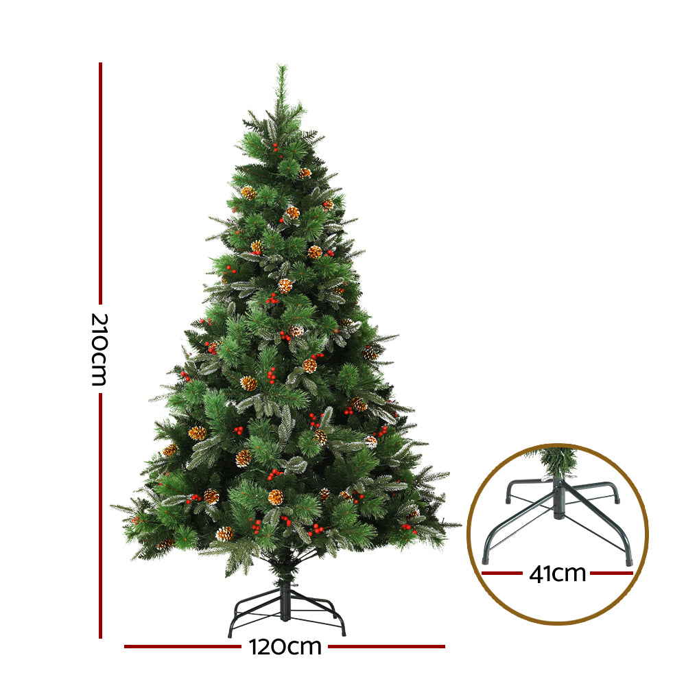 7FT / 2.1M Christmas Tree – 1360 Tips – Pre-lit 450 Warm White LED Lights with Pine Cones & Red Berries