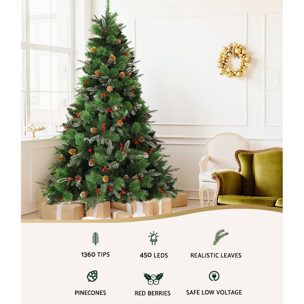 7FT / 2.1M Christmas Tree – 1360 Tips – Pre-lit 450 Warm White LED Lights with Pine Cones & Red Berries