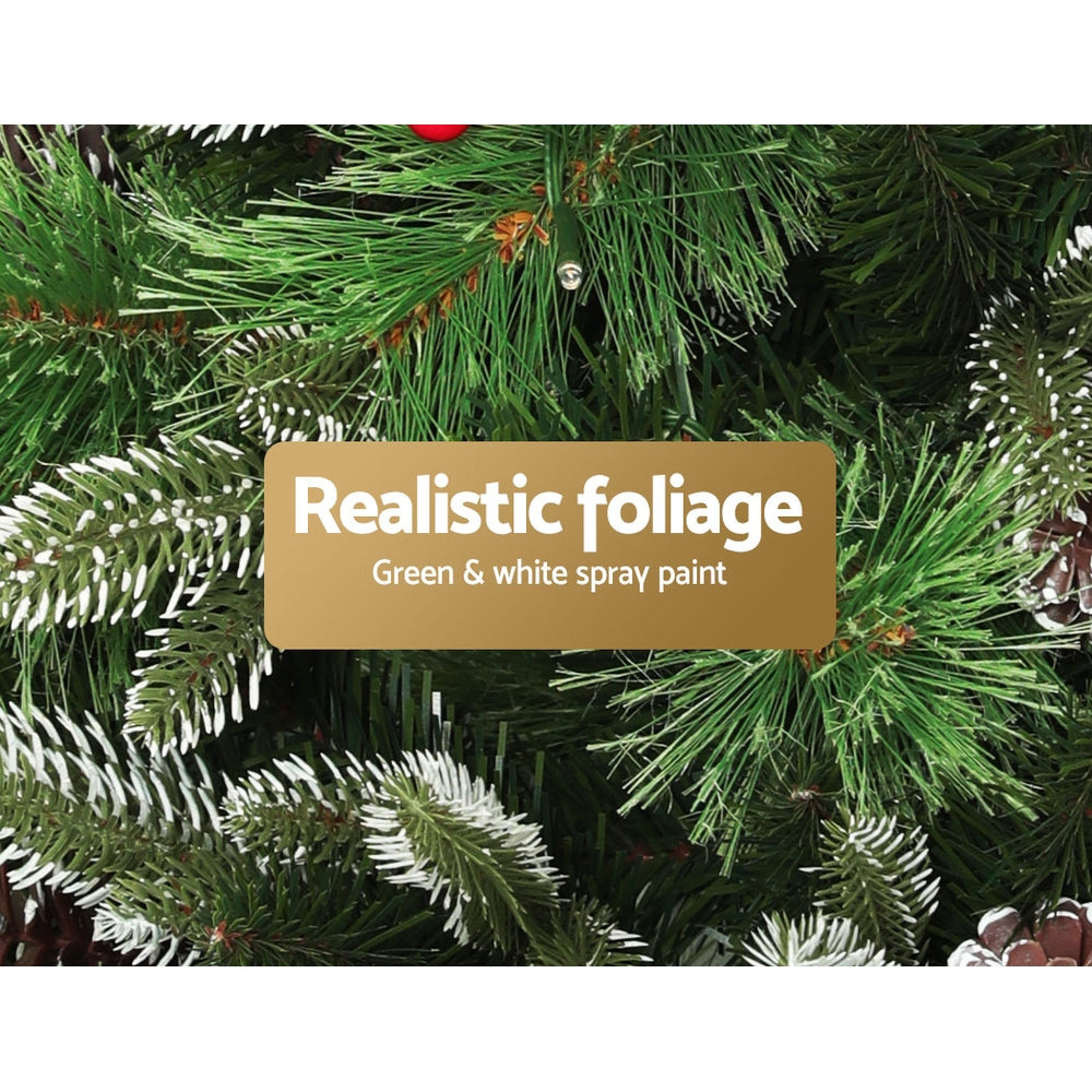 7FT / 2.1M Christmas Tree – 1360 Tips – Pre-lit 450 Warm White LED Lights with Pine Cones & Red Berries