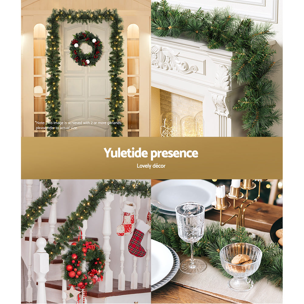 1.8m Christmas Garland with LED lights Party Xmas Decorations draped over mantel, staircase, and table with warm lighting accents