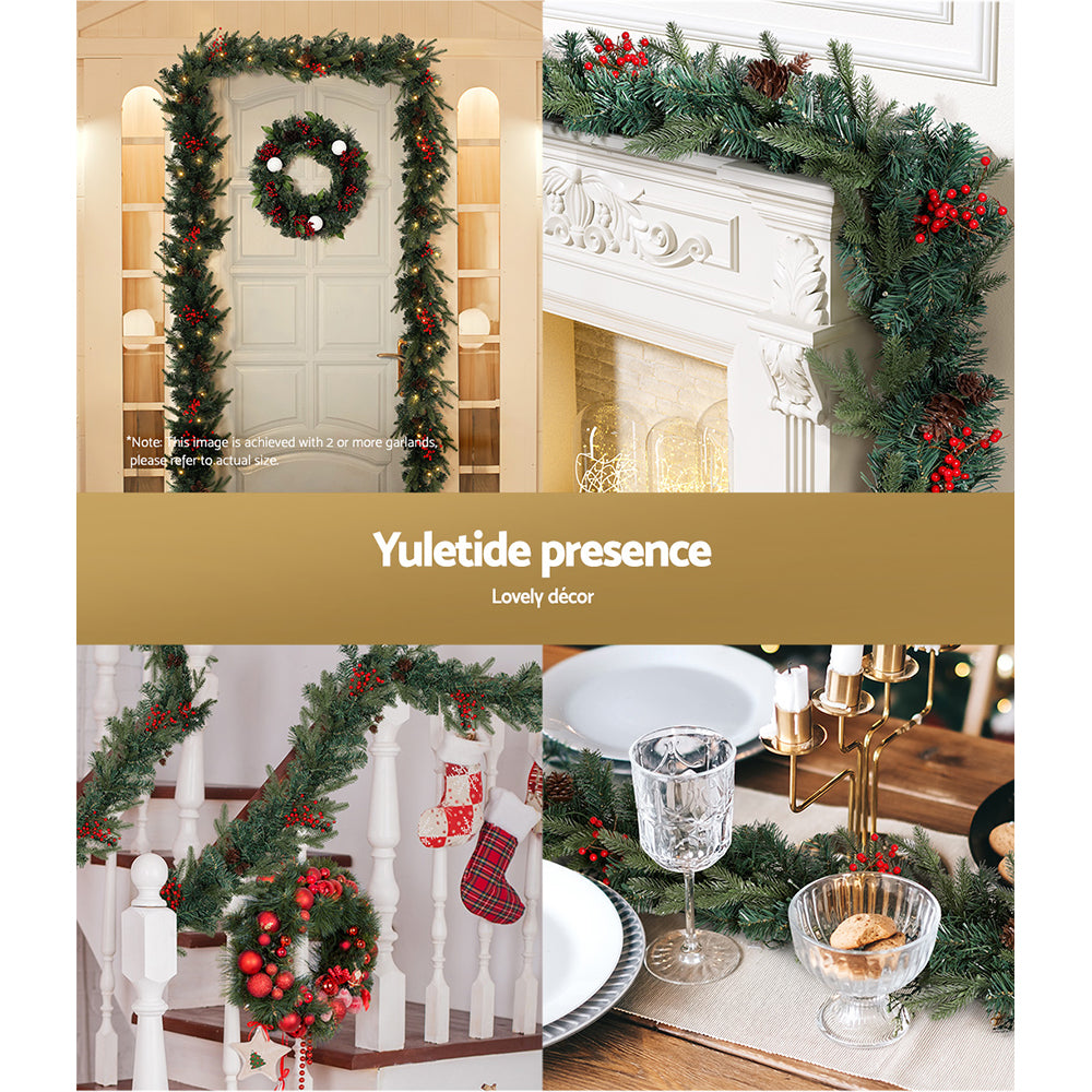 2.4m Christmas Garland with LED Lights Decorations Xmas Party draped over door, mantel, and staircase with red berries and pinecones