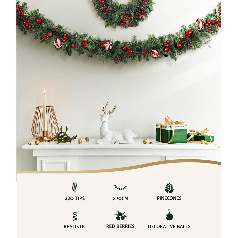 2.7m Christmas Garland with Decorations Xmas Wedding Party featuring pinecones, red berries, decorative balls, and realistic evergreen tips.