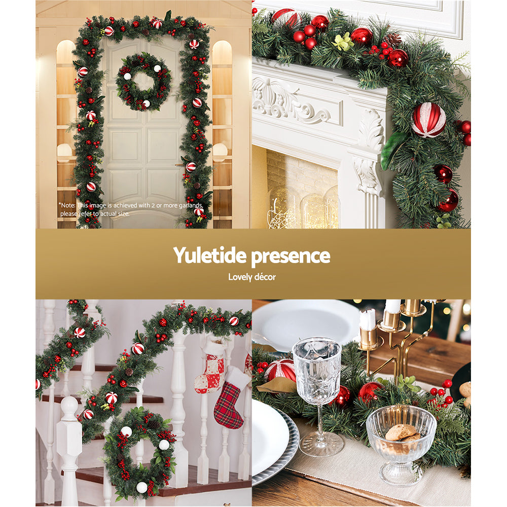 2.7m Christmas Garland with Decorations Xmas Wedding Party draped with red and white ornaments on door, mantel, stairs, and table setting