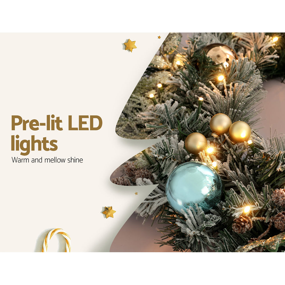 2.7m Christmas Garland with LED Lights Snowy Decoration Xmas Party with frosted greenery and gold and blue baubles