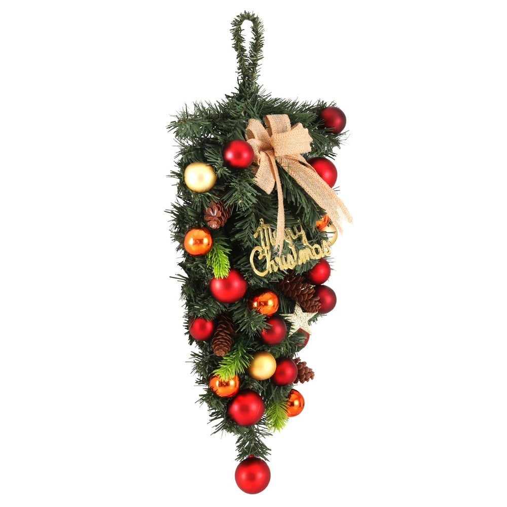 Hanging Christmas Garland 50CM Ornaments Party Decorations with red, gold balls, pinecones, star, and burlap bow on white background