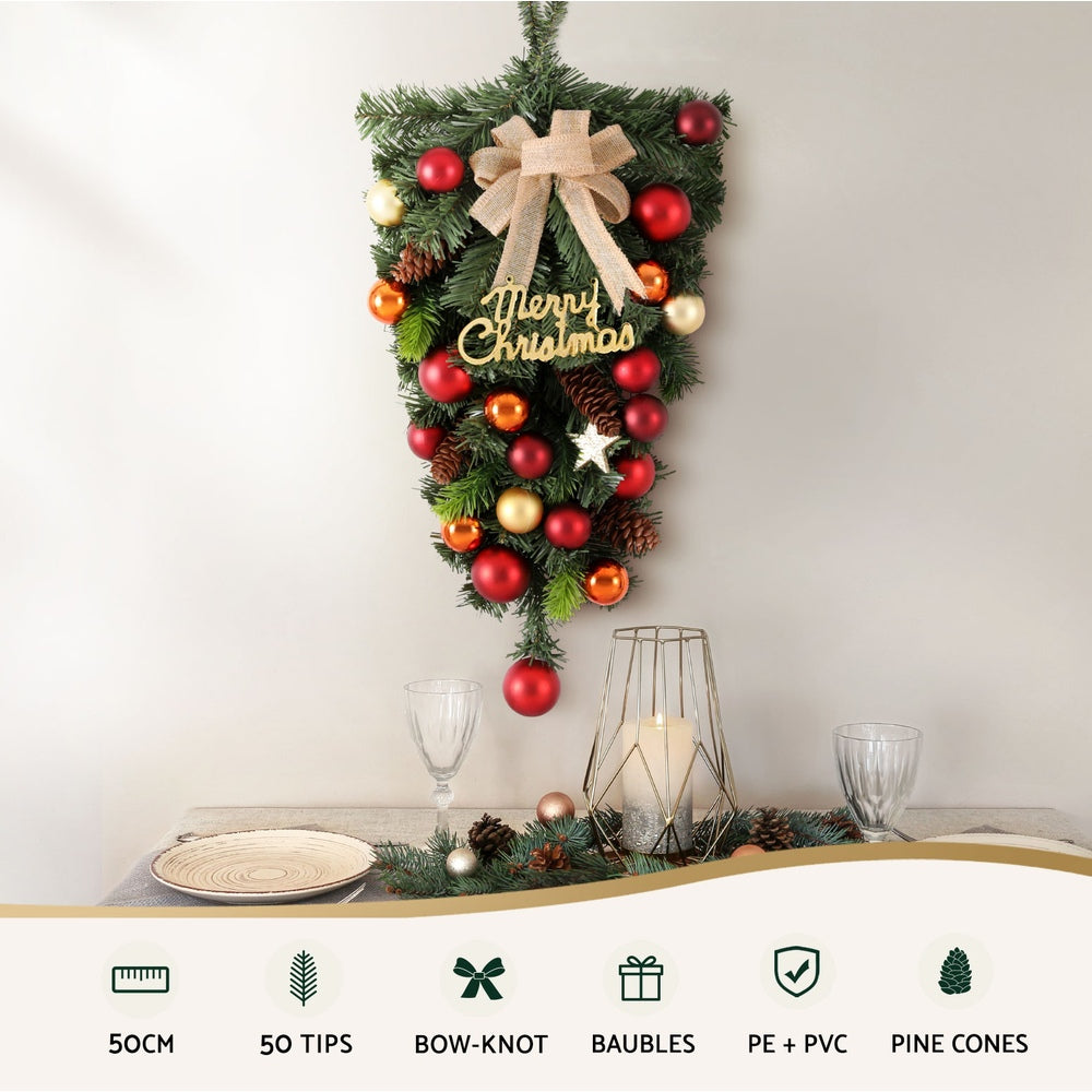 Hanging Christmas Garland 50CM Ornaments Party Decorations with pine cones, baubles, bow knot, and festive Merry Christmas sign