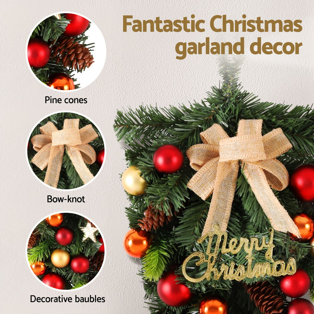 Hanging Christmas Garland 50CM Ornaments Party Decorations with pine cones, bow-knot, decorative baubles, and Merry Christmas sign
