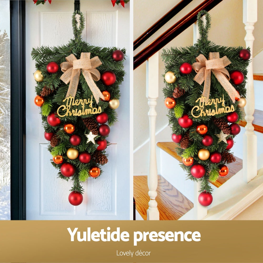 Hanging Christmas Garland 50CM Ornaments Party Decorations with pine, red and gold baubles, and a "Merry Christmas" sign