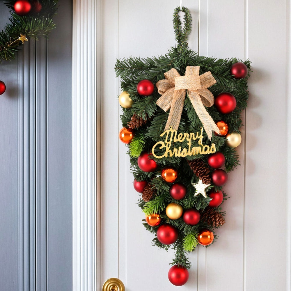 Hanging Christmas Garland 50CM Ornaments Party Decorations with red, gold baubles, pinecones, star, and burlap bow on white door background