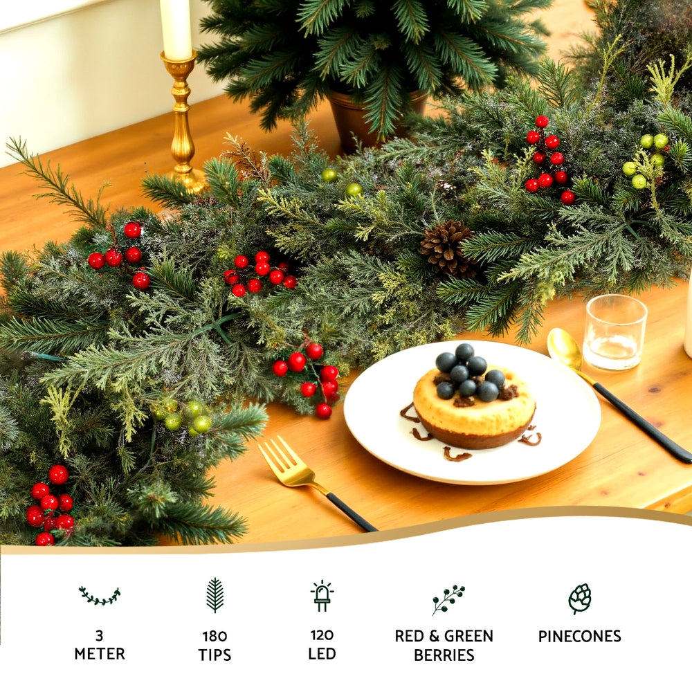 3M Christmas Garland Pre-lit LED with Pine Cones Xmas Decor Green featuring red and green berries on holiday table setting
