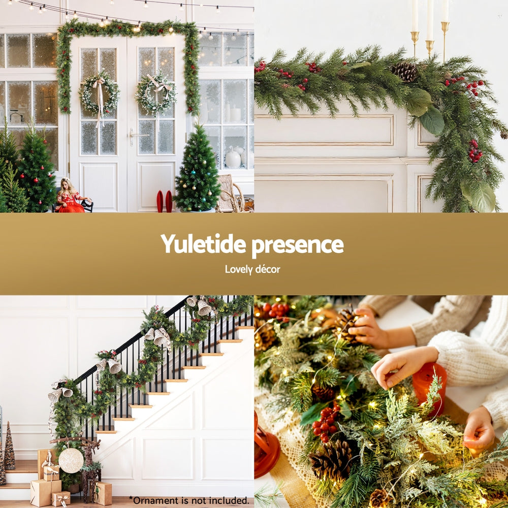 3M Christmas Garland Pre-lit LED with Pine Cones Xmas Decor Green shown draped on stairs, mantel, and door frame with warm lights