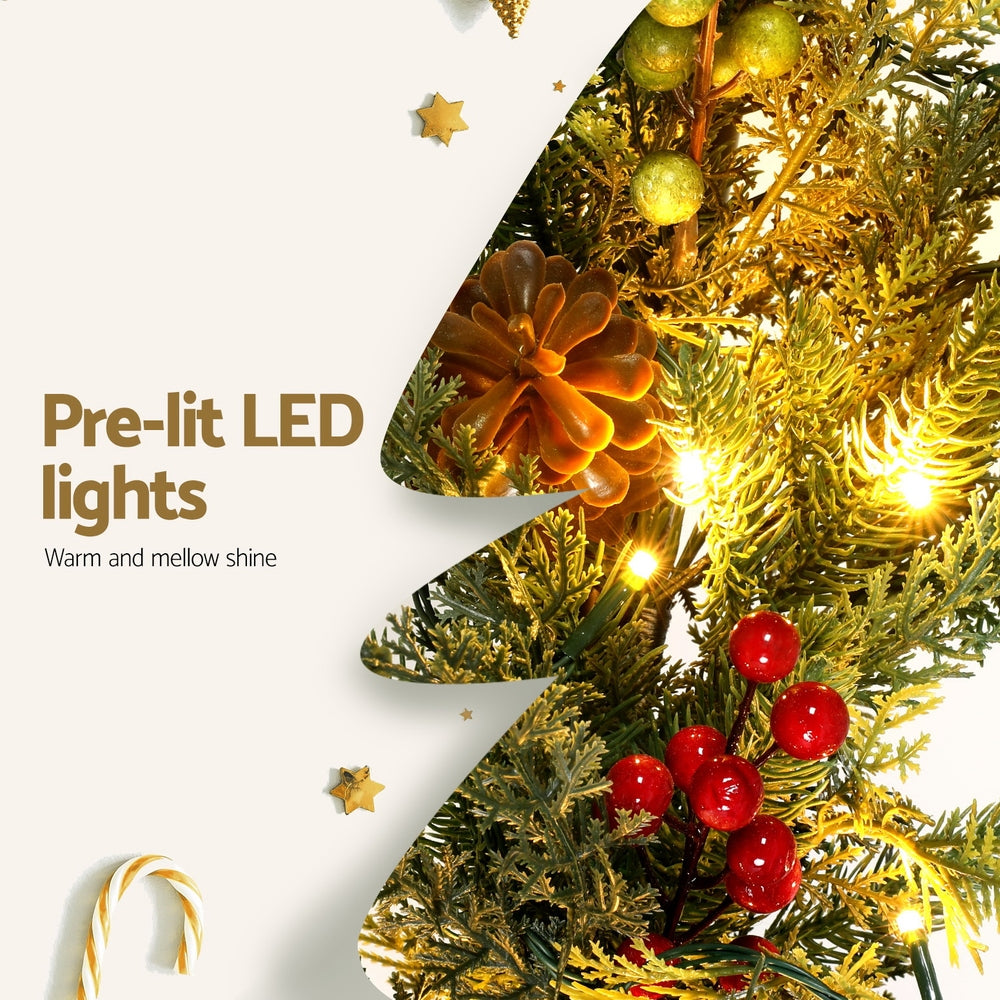 3M Christmas Garland Pre-lit LED with Pine Cones Xmas Decor Green featuring warm LED lights, pine cones, and red berries close-up view