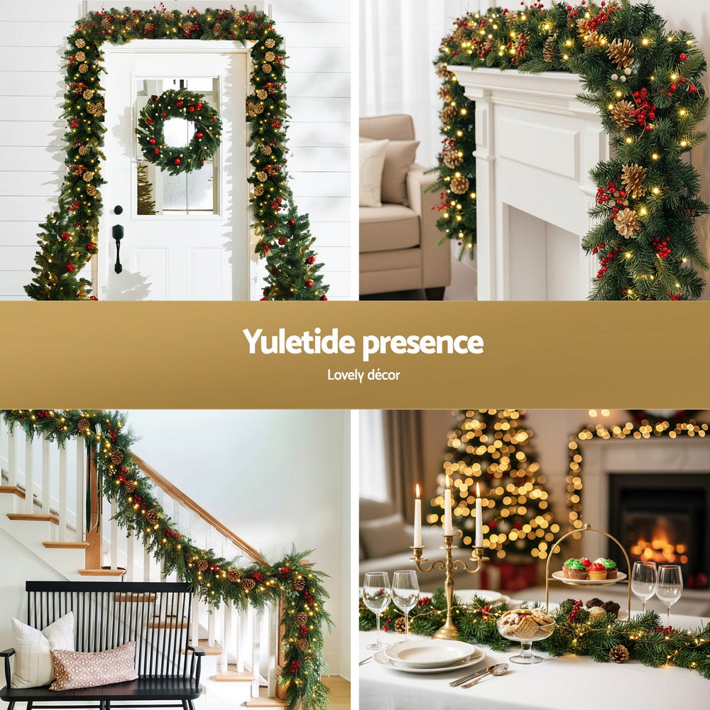 1.8M Christmas Garland Pre-lit LED Pine Cones Berries Xmas Decor