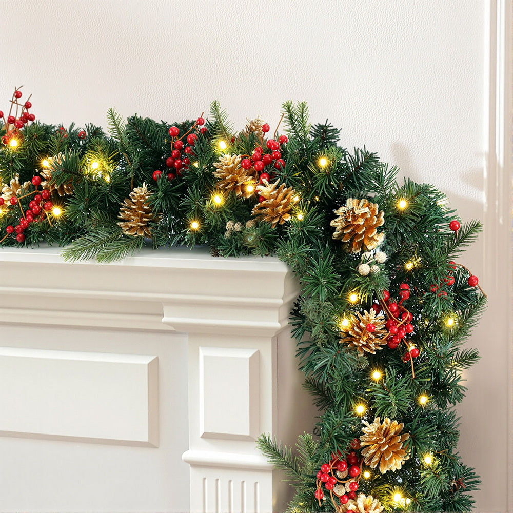 1.8M Christmas Garland Pre-lit LED Pine Cones Berries Xmas Decor