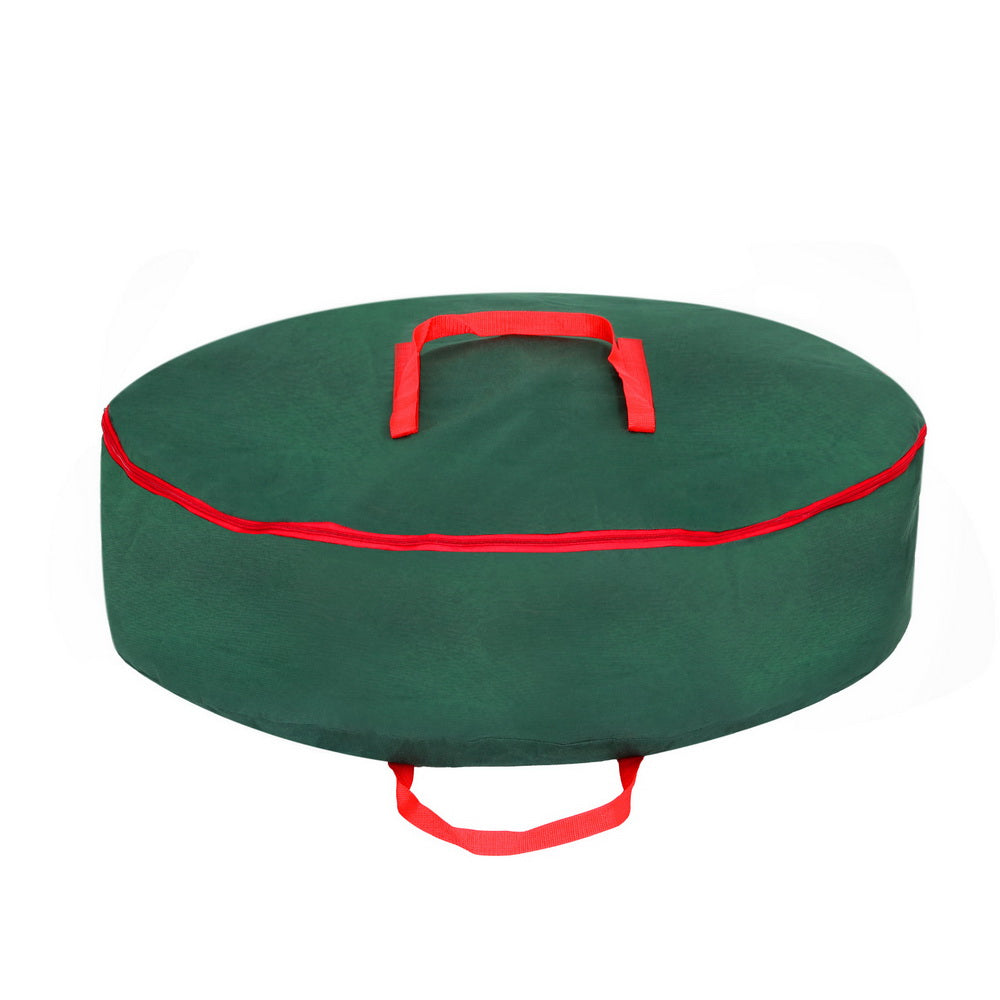 Christmas Garland Wreath Storage Bag Baubles Ornaments Container in green Oxford fabric with red handles and zipper closure