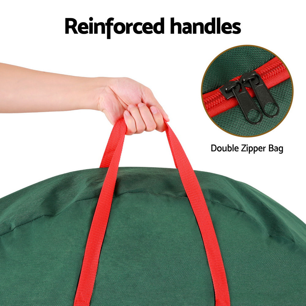 Christmas Garland Wreath Storage Bag Baubles Ornaments Container with reinforced red handles and double zipper closure on green fabric