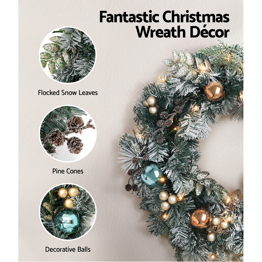 2.7m Christmas Garland with Wreath Set LED Lights Snowy Xmas Decor with flocked leaves, pine cones, and decorative balls