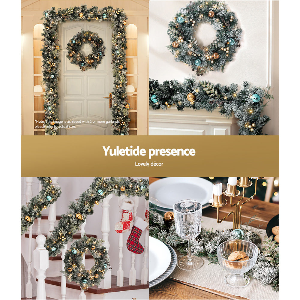 2.7m Christmas Garland with Wreath Set LED Lights Snowy Xmas Decor displayed on door, staircase, and table settings