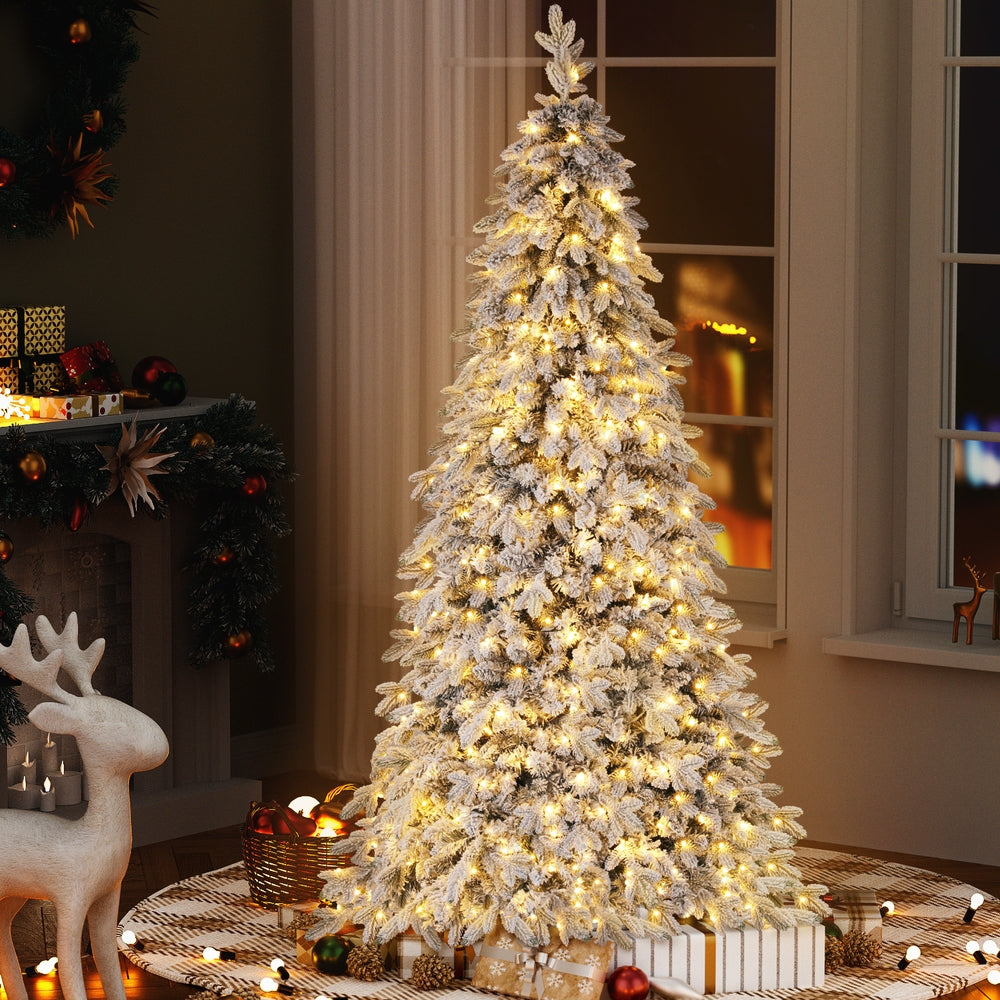 7FT / 2.1M Christmas Tree – Snow Flocked Pencil White – 860 Tips – Pre-lit 350 Warm White LED Lights