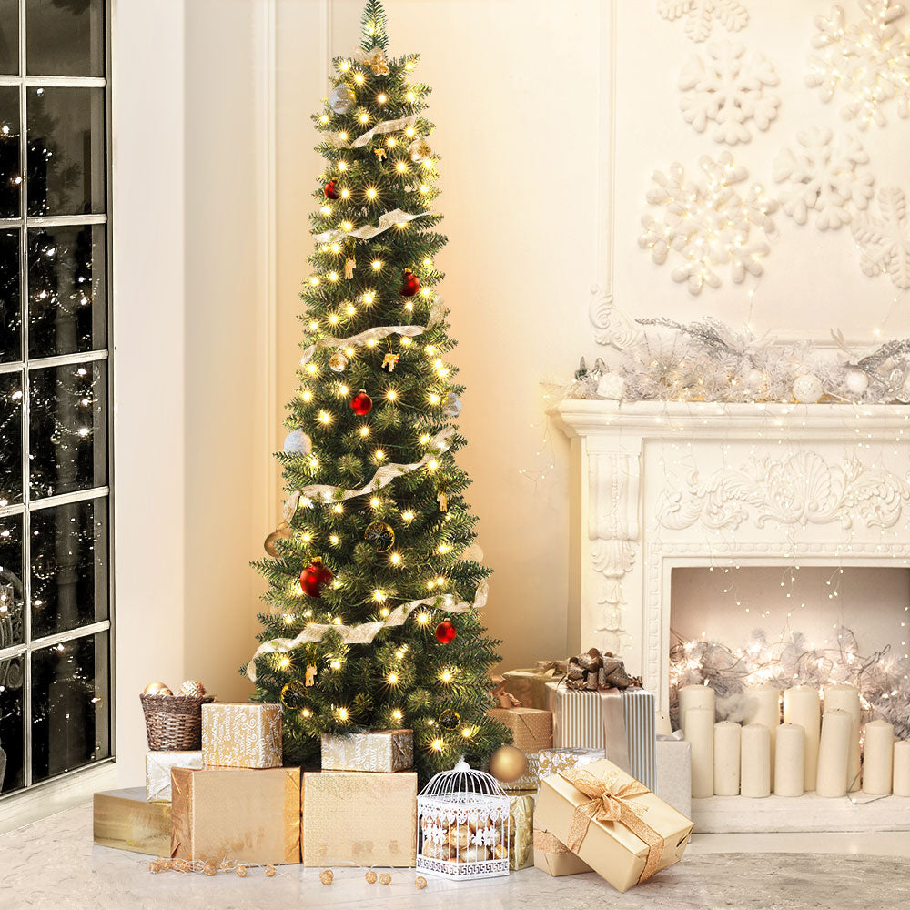 6FT / 1.8M Slim Christmas Tree – 300 Tips – Pre-lit 200 Warm White LED Lights