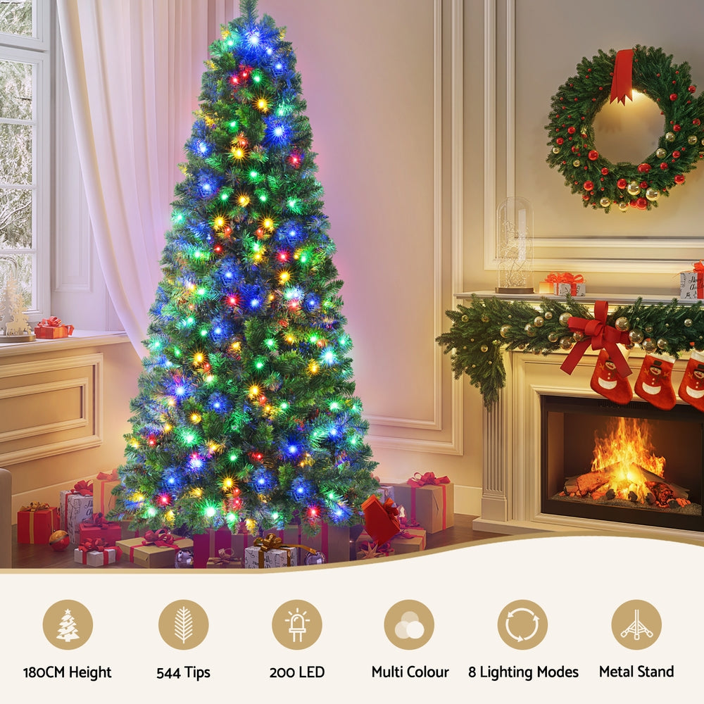 6FT / 1.8M Christmas Tree – Green – 544 Tips – Pre-lit 200 Multi-Colour LED Lights (8 Modes)