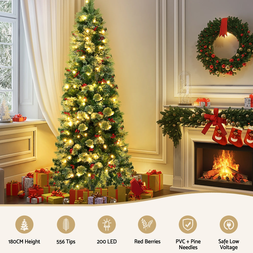 6FT / 1.8M Christmas Tree – Green with Red Berries – 556 Tips – Pre-lit 200 Warm White LED Lights