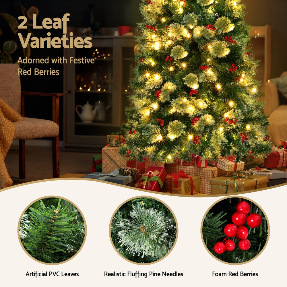6FT / 1.8M Christmas Tree – Green with Red Berries – 556 Tips – Pre-lit 200 Warm White LED Lights