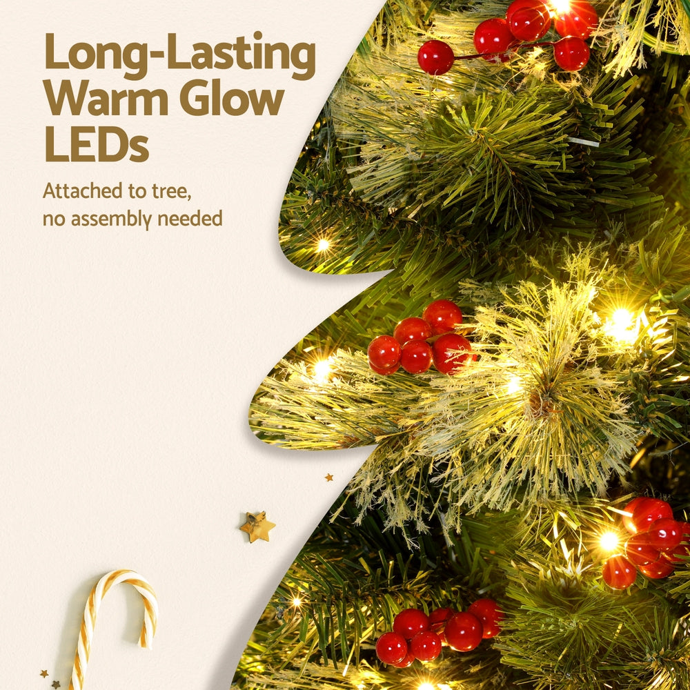 6FT / 1.8M Christmas Tree – Green with Red Berries – 556 Tips – Pre-lit 200 Warm White LED Lights
