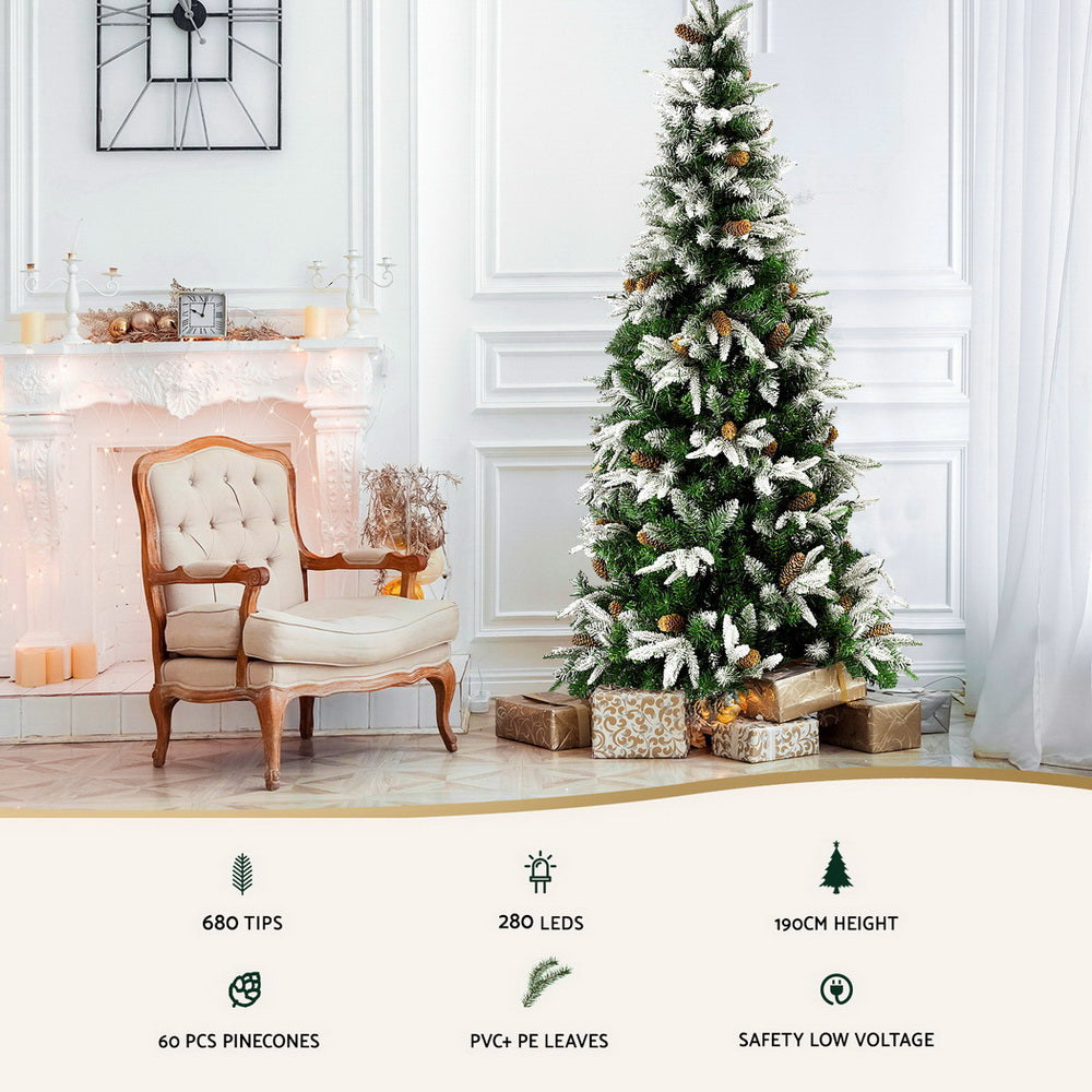 6FT / 1.8M Christmas Tree – Snow Flocked with Pine Cones – 680 Tips – Pre-lit 280 Warm White LED Lights