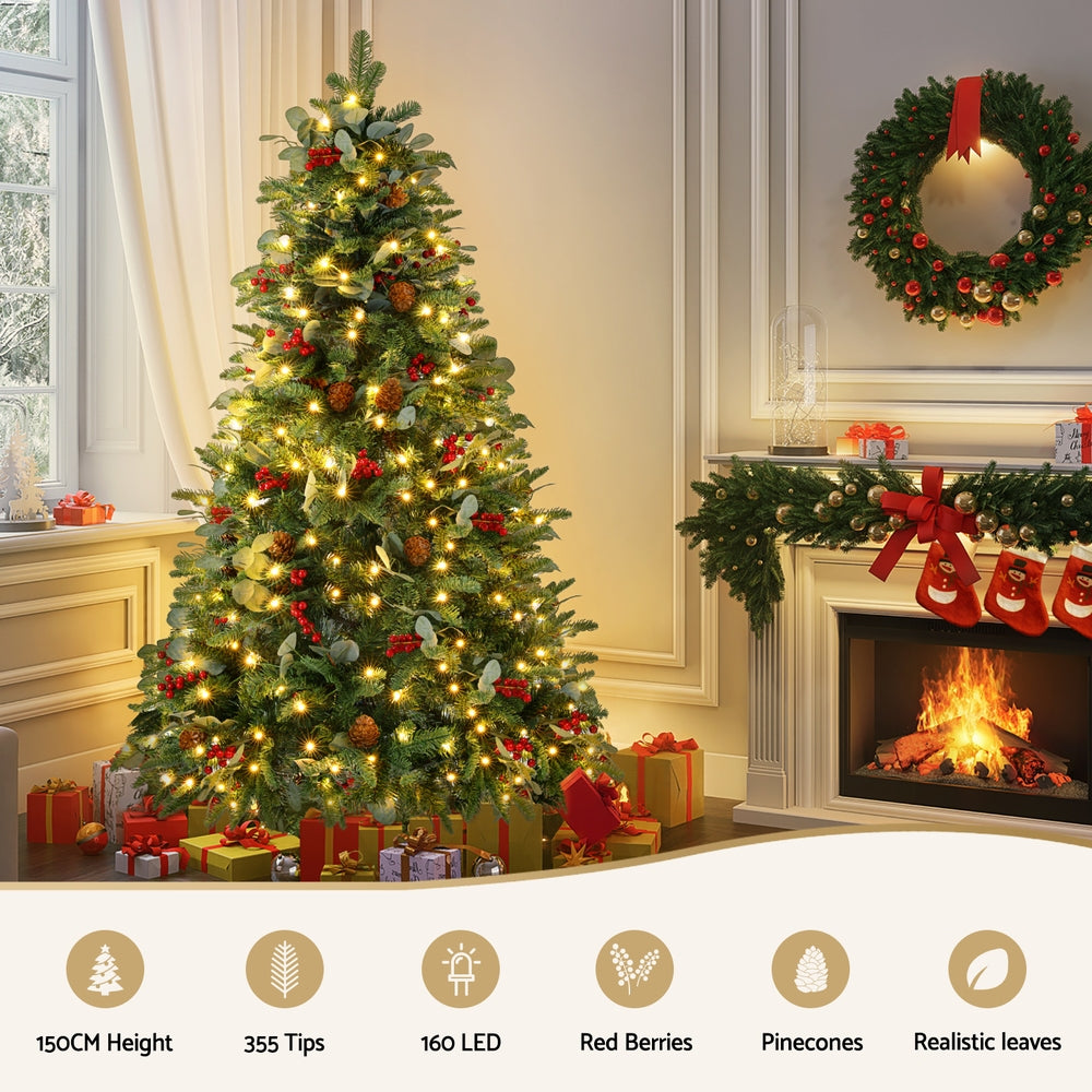 5FT / 1.5M Christmas Tree – Green with Pine Cones & Red Berries – 355 Tips – Pre-lit 160 Warm White LED Lights