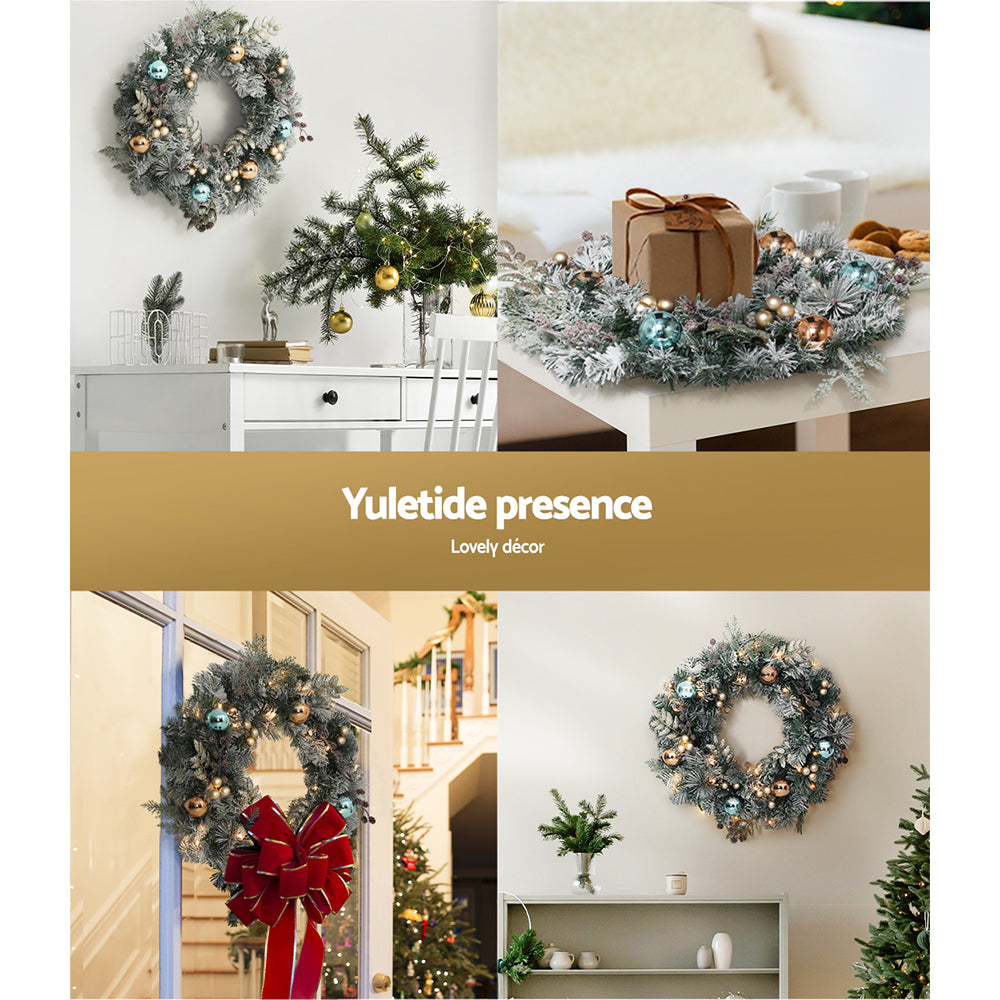 60cm Christmas Wreath with LED Lights Snowy Garland Xmas Decor shown on door and table with holiday ornaments and gift box
