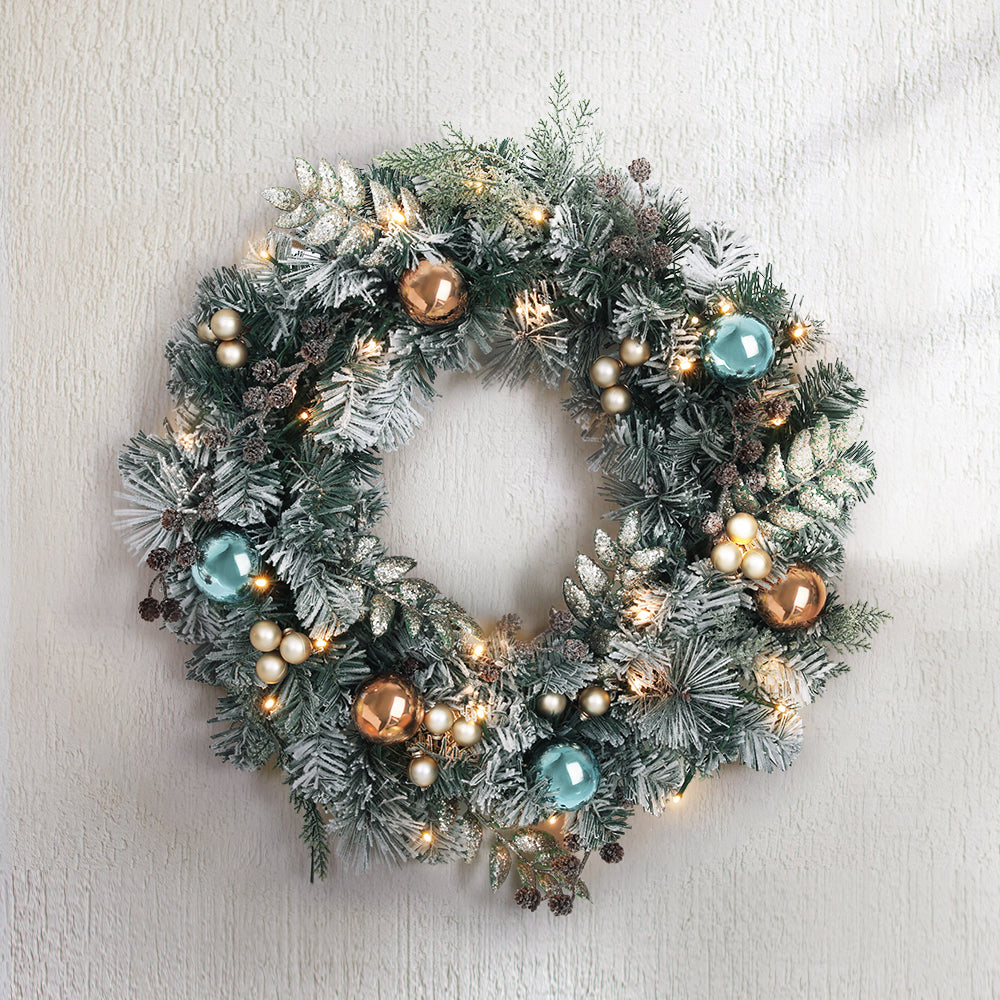 60cm Christmas Wreath with LED Lights Snowy Garland Xmas Decor featuring frosted pine, blue and gold baubles, and warm white lights