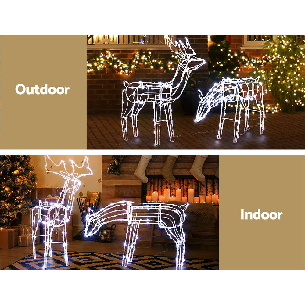 Christmas Motif Lights LED Rope Reindeer Waterproof Solar Powered in standing and feeding positions, shown indoors and outdoors.