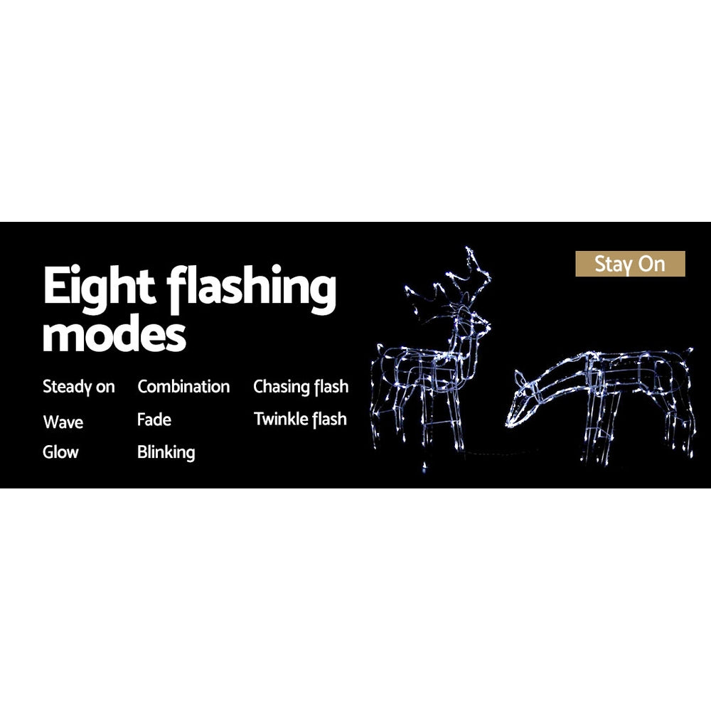 Christmas Motif Lights LED Rope Reindeer Waterproof Solar Powered with eight flashing light modes shown on black background