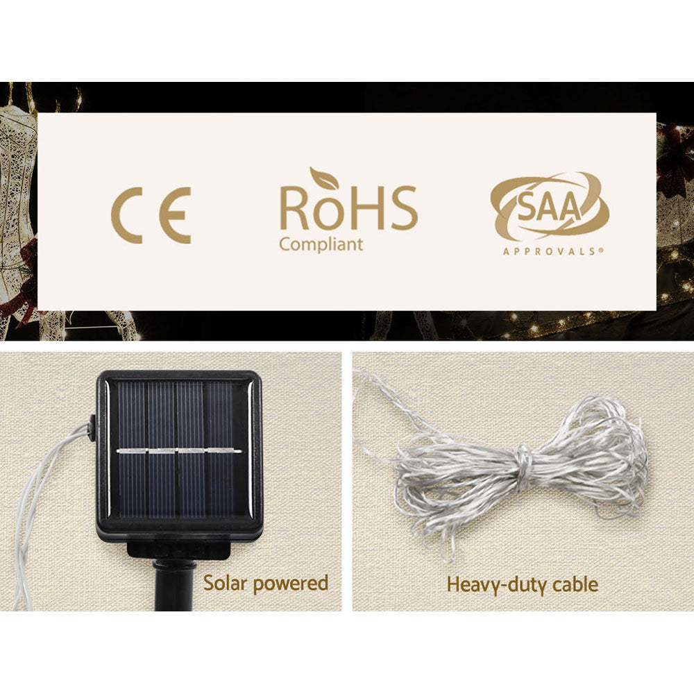 Close-up of solar panel and heavy-duty cable for Christmas Motif Lights LED Rope Reindeer Waterproof Solar Powered with certification logos