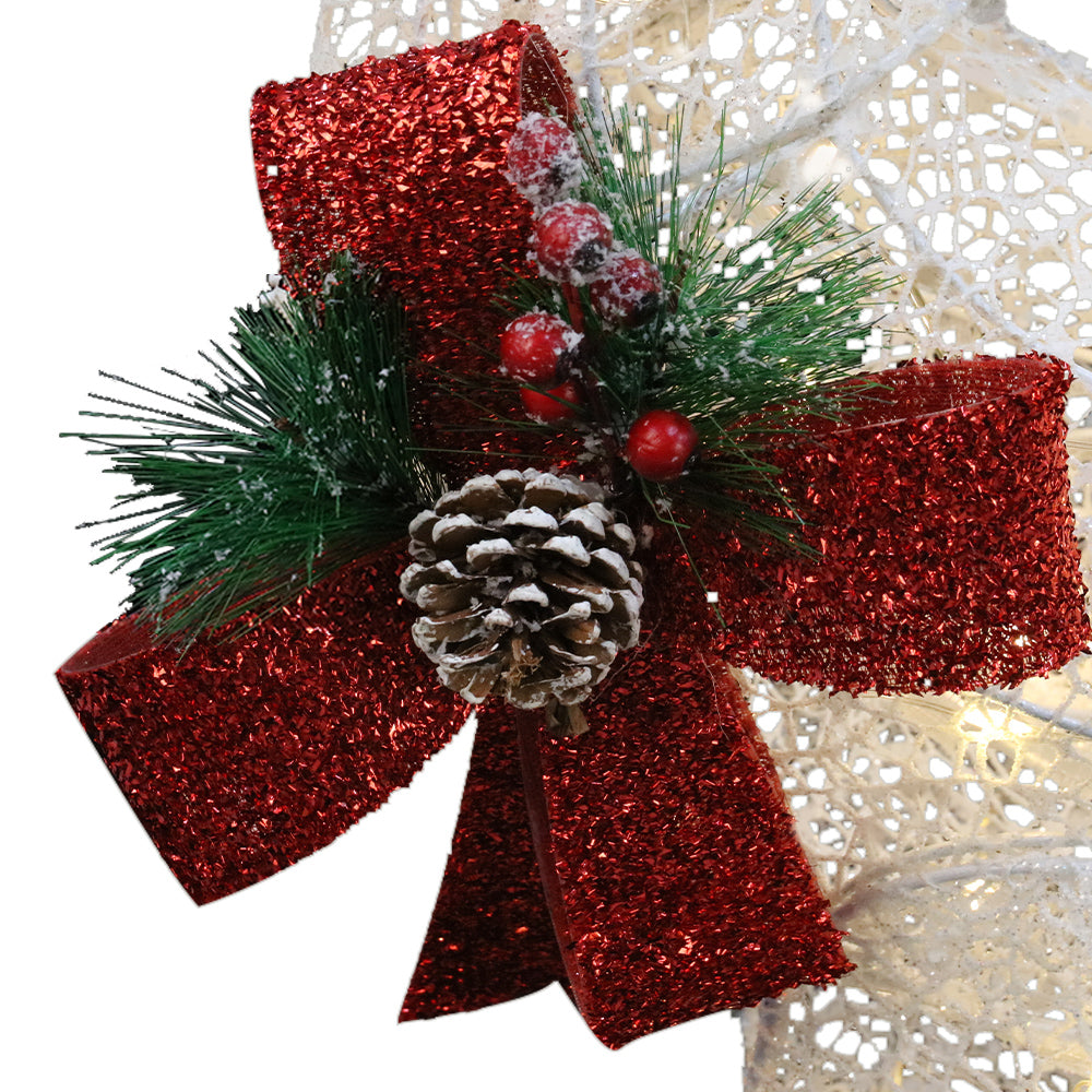 Close-up of glittery red bow with pinecone, pine needles, and red berries on 215 LED Christmas Lights Reindeer Sleigh Decorations