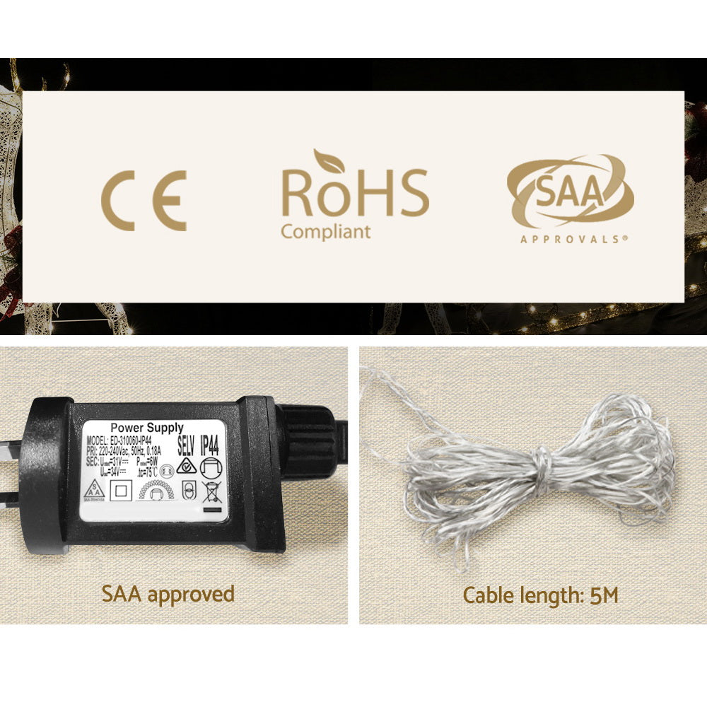 Certification logos with power supply and 5-meter cable for 215 LED Christmas Lights Reindeer Sleigh Decorations