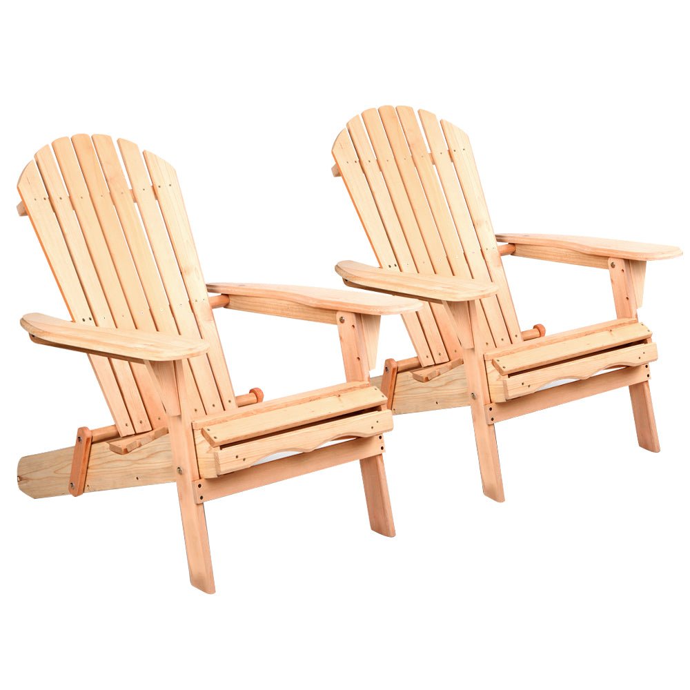 Adirondack Outdoor Chairs Wooden Beach Chair Patio Furniture Garden Natural Set of 2 - Furniture > Outdoor - Bedzy Australia