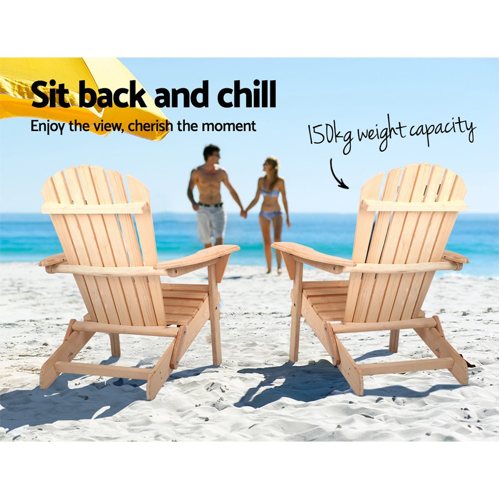 Adirondack Outdoor Chairs Wooden Beach Chair Patio Furniture Garden Natural Set of 2 - Furniture > Outdoor - Bedzy Australia