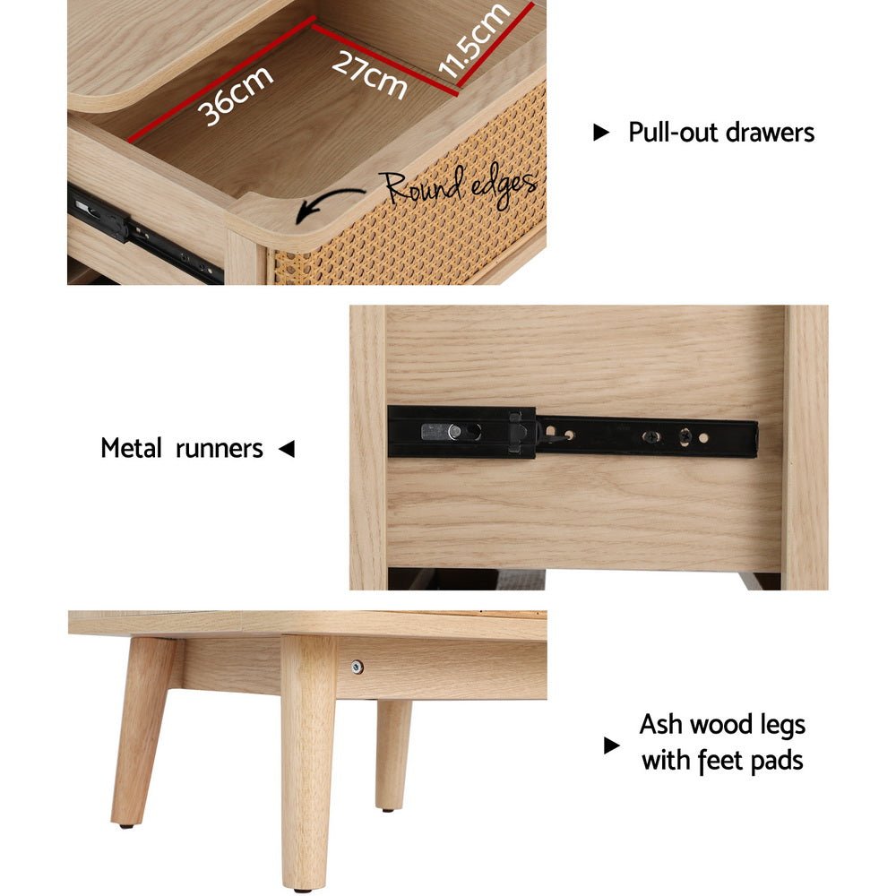 Artiss Rattan Bedside Table Drawers Side End Table Storage Nightstand Oak NORA - Furniture > Bedroom > Bedside Tables - Bedzy Australia