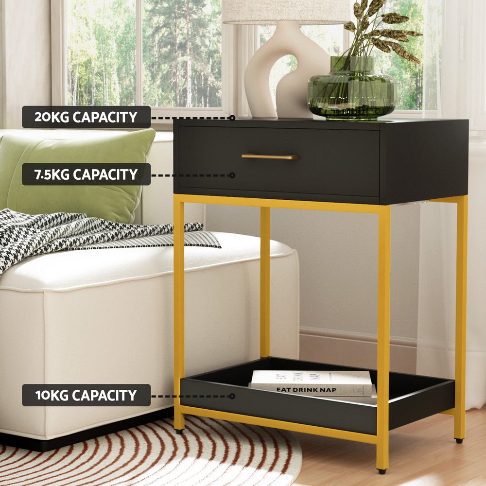 Bedside Table With Top Drawer & Bottom Tray - Black With Gold Trim - Furniture > Bedroom - Bedzy Australia