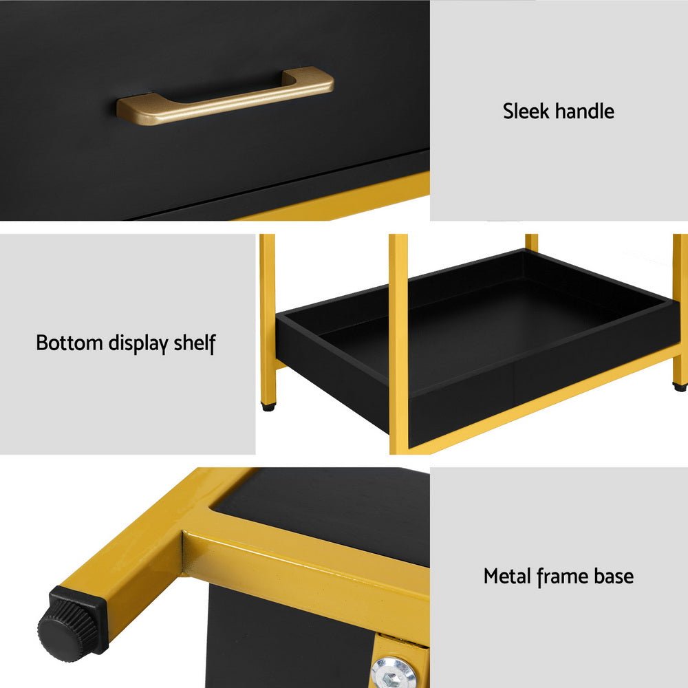 Bedside Table With Top Drawer & Bottom Tray - Black With Gold Trim - Furniture > Bedroom - Bedzy Australia