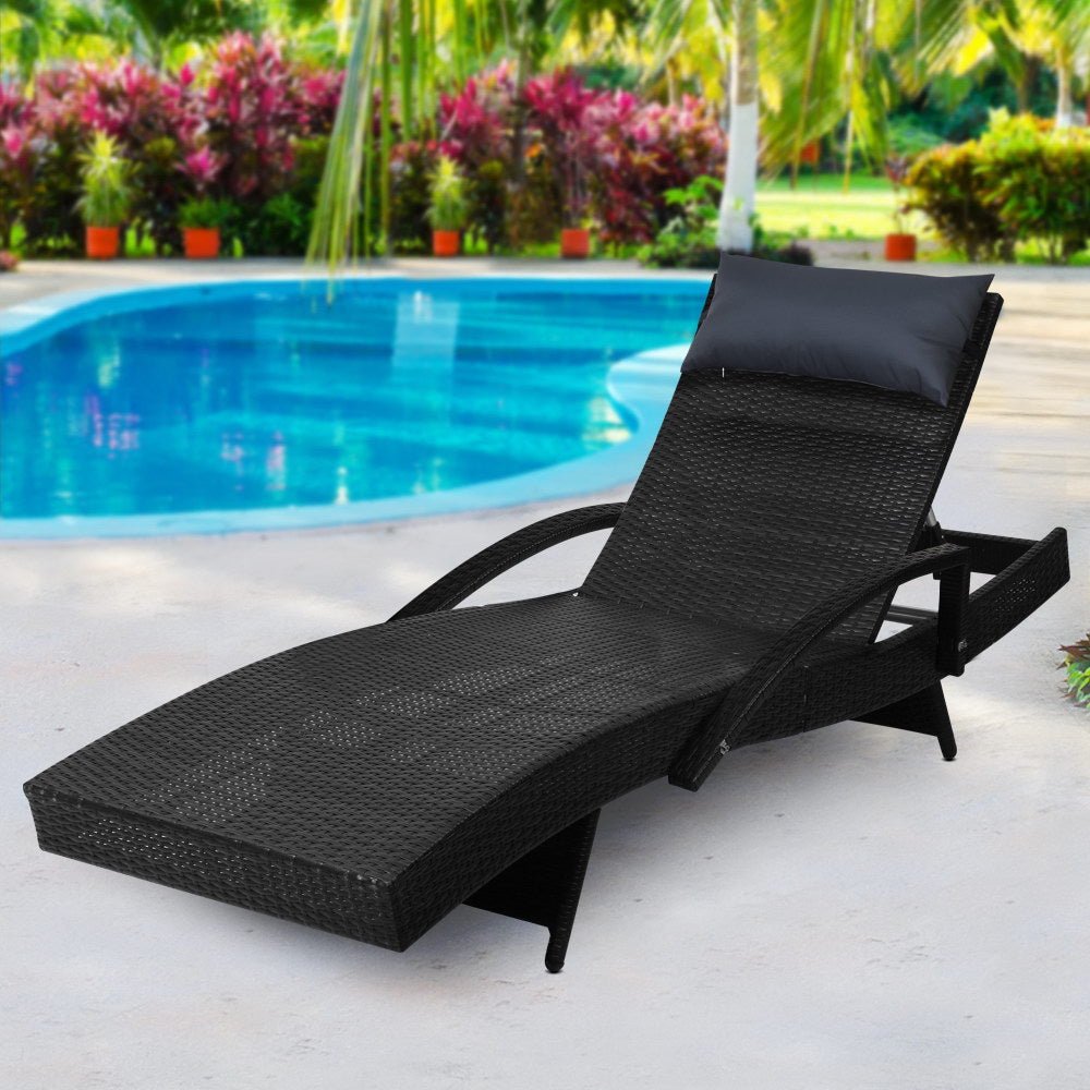 Bianca Outdoor Sun Lounger Chair with Pillow Headrest - Black - Bedzy Australia