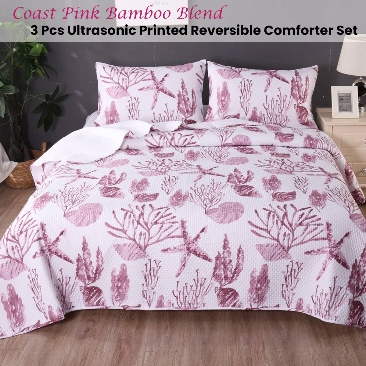Coast Pink 3 Pcs Bamboo Blend Ultrosonic Reversible Comforter Set King - Home & Garden > Bathroom Accessories - Bedzy Australia