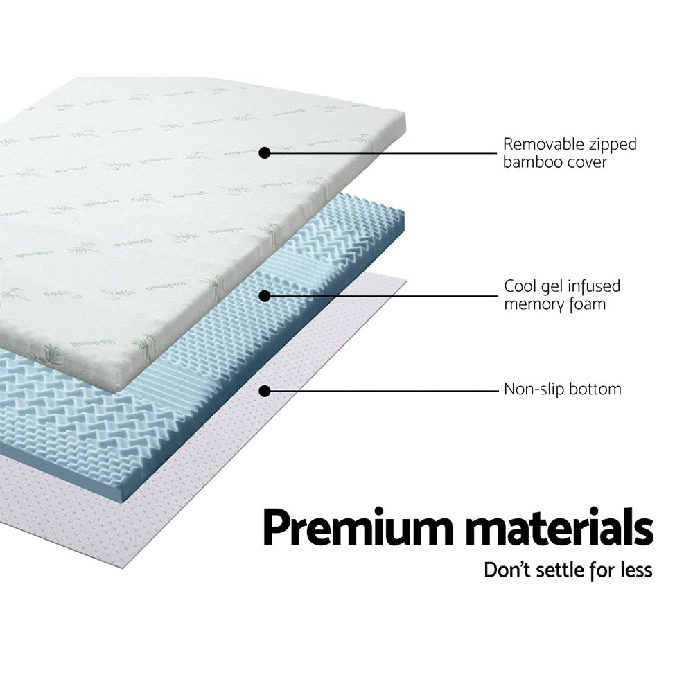 Cool Gel Memory Foam Mattress Topper w/Bamboo Cover 5cm - Queen - Bedzy Australia