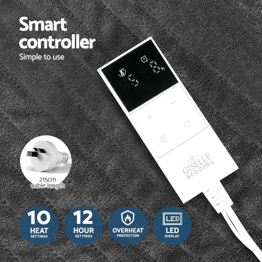 Electric Throw Rug Heated Blanket Washable Snuggle Flannel Winter Grey - Home & Garden > Bedding - Bedzy Australia