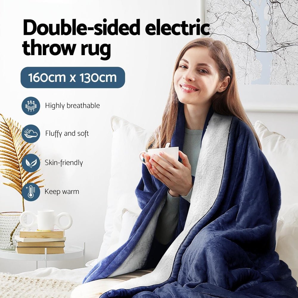 Electric Throw Rug Heated Blanket Washable Snuggle Flannel Winter Navy - Home & Garden > Bedding - Bedzy Australia