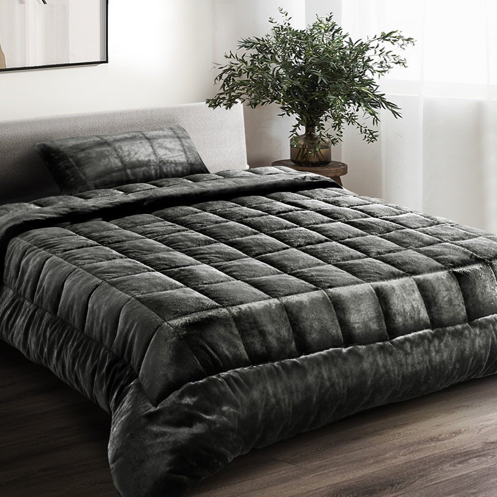 Faux Mink Quilt Fleece Throw Blanket Comforter Duvet Charcoal Single - Bedzy Australia
