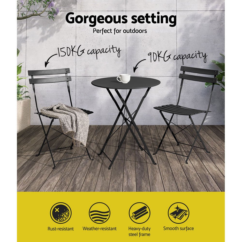 Gradeon 3PC Outdoor Bistro Set Steel Table and Chairs Patio Furniture Black - Furniture > Outdoor - Bedzy Australia