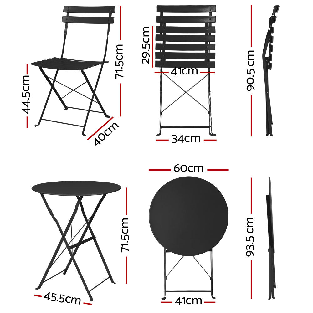Gradeon 3PC Outdoor Bistro Set Steel Table and Chairs Patio Furniture Black - Furniture > Outdoor - Bedzy Australia